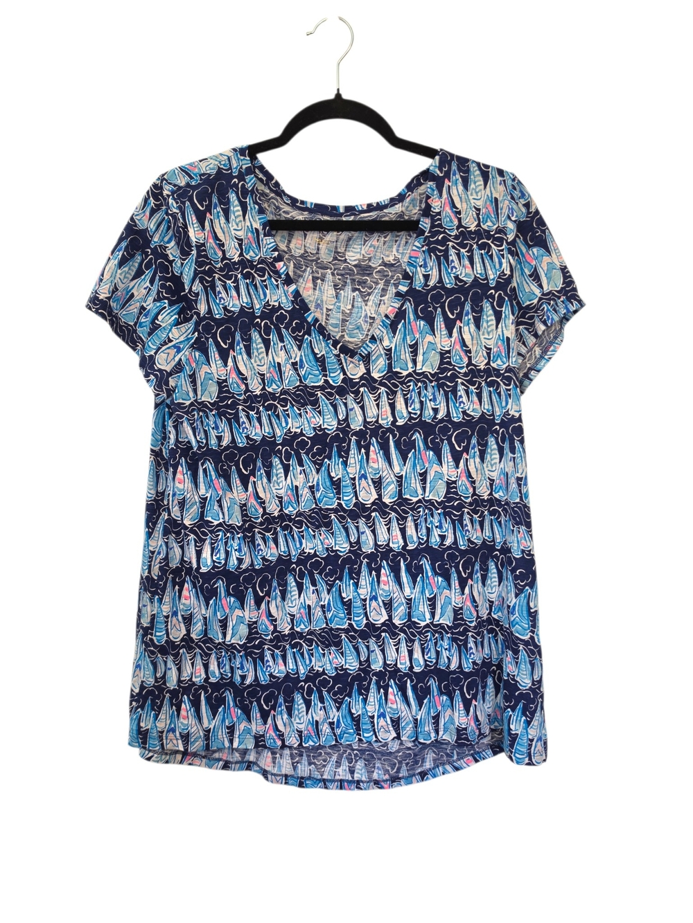 Lilly Pulitzer Etta V-Neck Tee Sails and Stripes Low Tide Navy Print Size Large